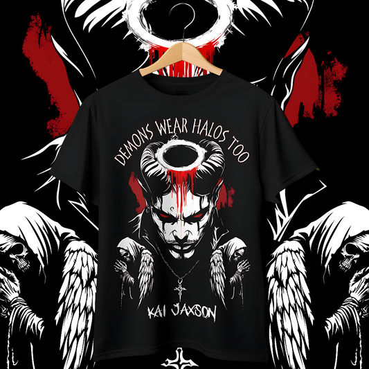 "Demons Wear Halos Too" Oversized Fit Front Print Tee